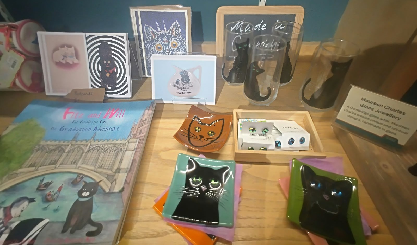 A selection of handmade gifts including ceramics, cards and jewellery.