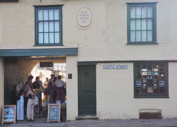 People queuing at the opening night of Cats of Cambridge at The Museum of Cambridge.