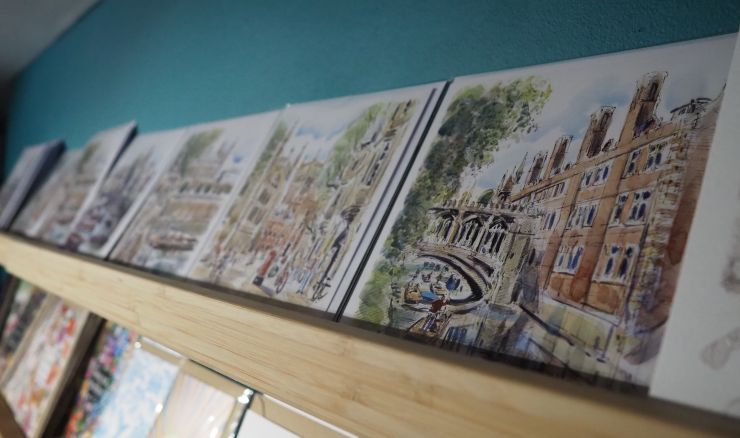 Locally drawn artwork and postcards Cats of Cambridge at The Museum of Cambridge.